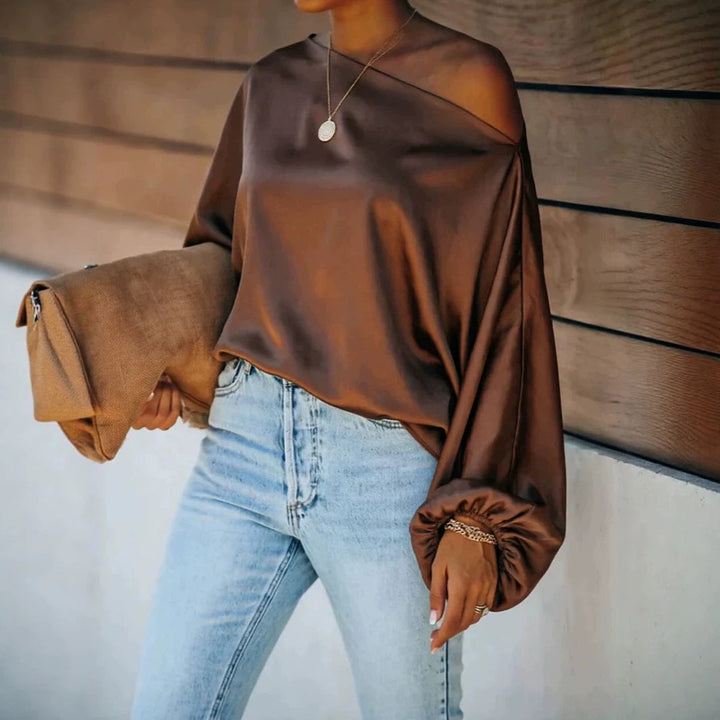 Ginevra satin asymmetric off shoulder blouse – image 5
