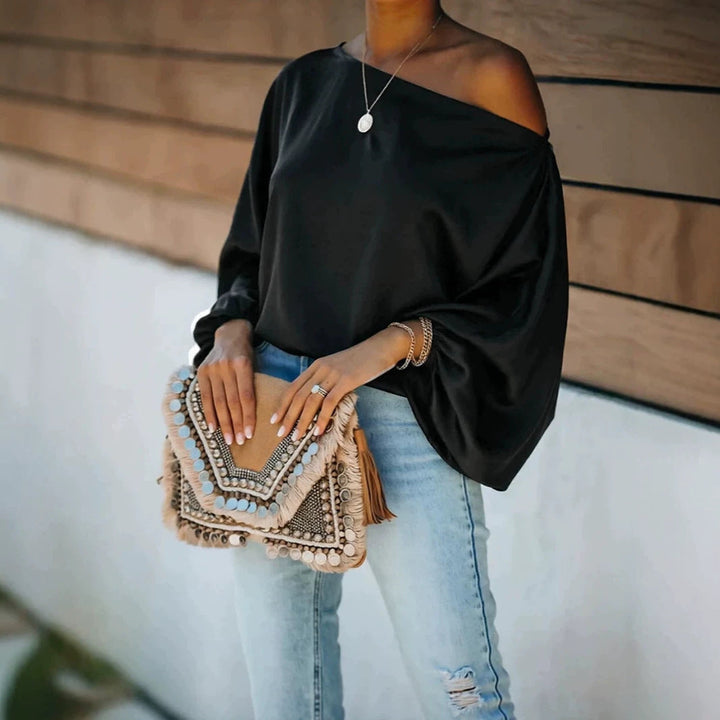 Ginevra satin asymmetric off shoulder blouse – image 6