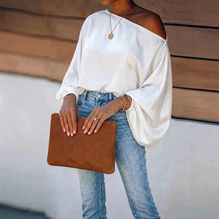 Ginevra satin asymmetric off shoulder blouse – image 7